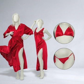 Burgundy Silk Satin 4-Piece Lingerie & Nightwear Set for Women